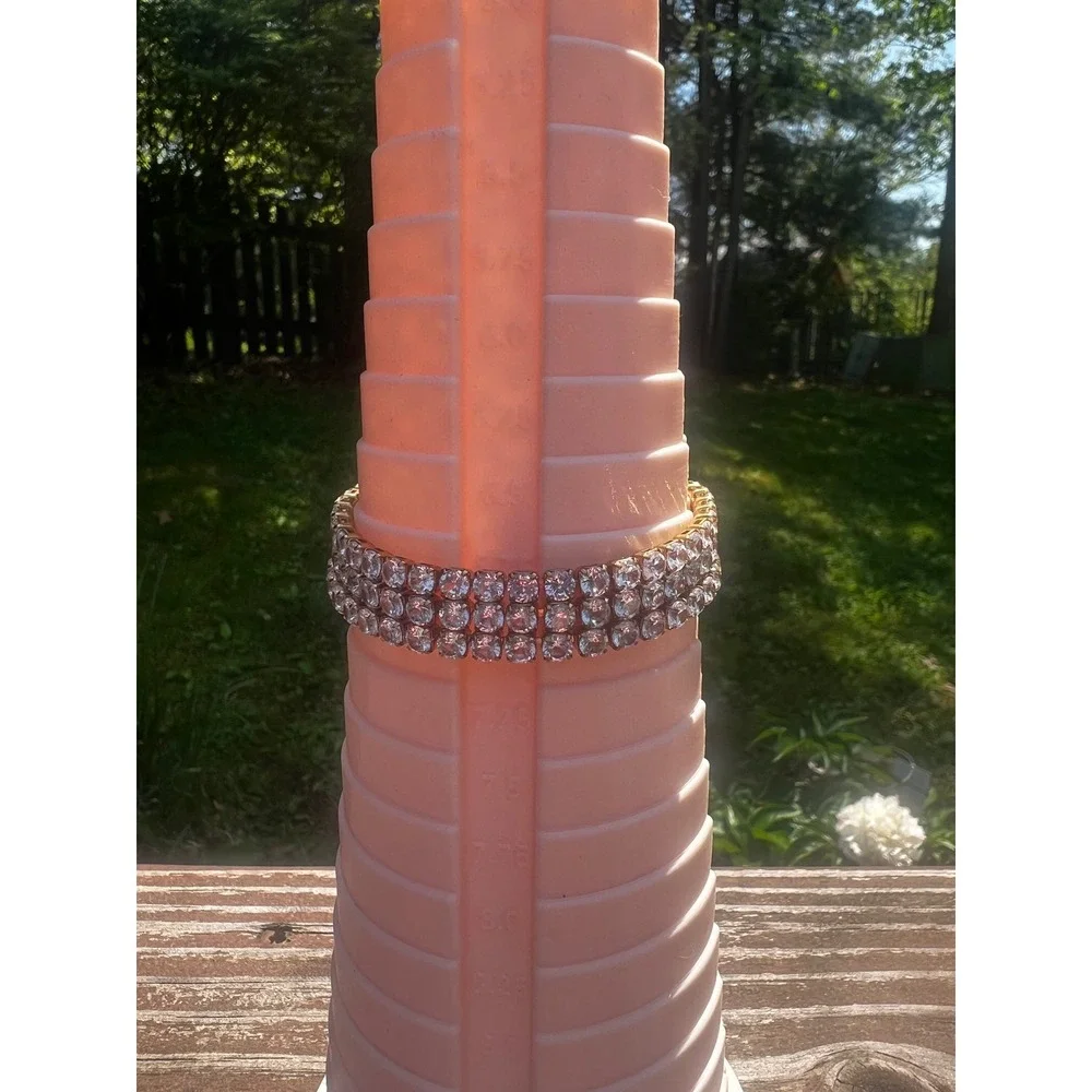 Vtg Triple Row Rhinestone Tennis Bracelet Gold Tone Clear Glam Hollywood